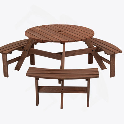 6-Person Circular Outdoor Wooden Picnic Table For Patio, Backyard, Garden, Built-In Benches