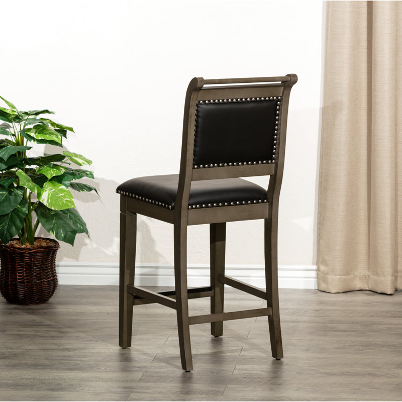 Tabouret de comptoir gris vieilli de 24 po, siège en cuir noir, charme rustique dans la maison, repose-pieds, fabrication stable, repose-pieds,