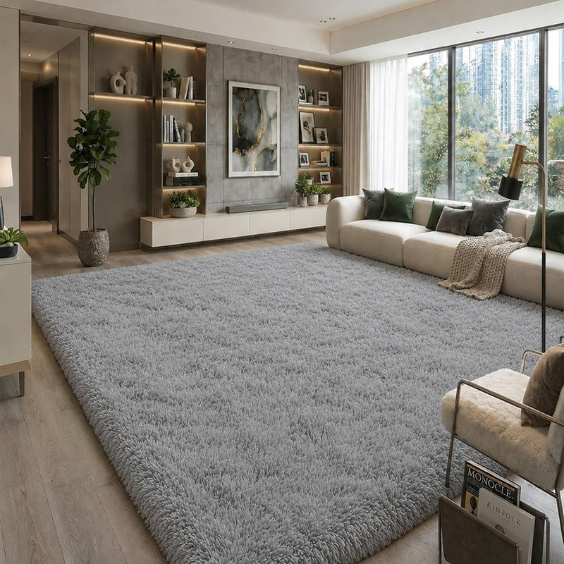 Tapis doux et moelleux gris, lavable à la machine, en peluche, pour salon