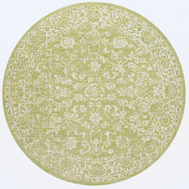 Demians Bohemian Textured Weave Floral Green/Cream Indoor/Outdoor Rug, Round 5'3"