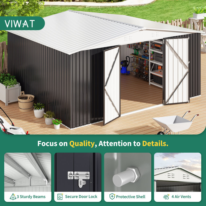14 ft. W x 12 ft. D Outdoor Metal Shed Storage with Updated Frame Structure and Lockable Doors