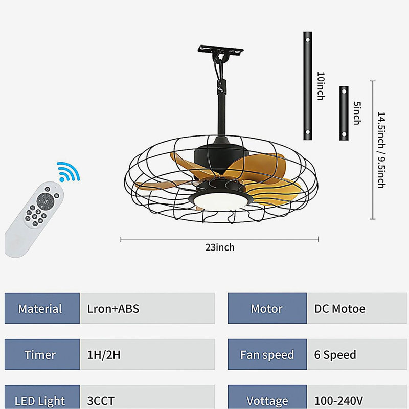 23-inch outdoor ceiling fan with light, IP65 waterproof, with remote control, 3CCT 6-speed, suitable for porches, doorways, pavilions