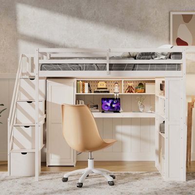 Structure de lit double mezzanine compacte avec garde-robe intégrée, bureau d'étude, tablettes de rangement et lumières