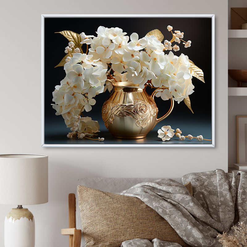 «Baroque Hydrangea» blanc et or V - Hydrangea, reproduction d'art sur toile encadrée, H 34 po x l 44 po x P 1,5 po