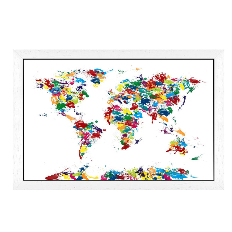 World Map Paint Drops by Michael Tompsett - Print on Canvas, 152.5 cm H x 101.5 cm W, White Floater Framed