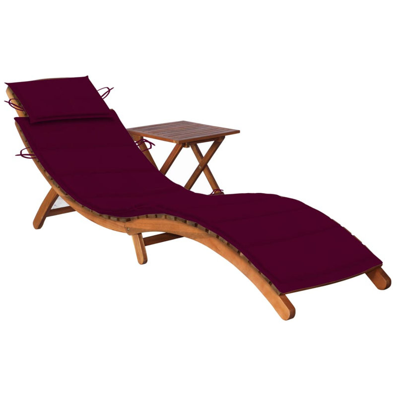 Chaise longue simple en acacia avec coussins et table Eduard, Vin rouge