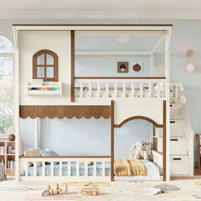 Lit superposé double au dessus d'un lit double avec escalier de rangement, bibliothèque et fenêtre, espace de jeu convertible, structure en bois massif, beige et naturel profond