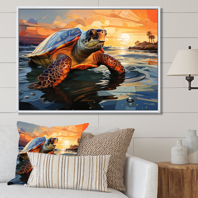 Portrait de tortue géométrique II, H 16 po x l 32 po x P 1 po, Cadre flottant blanc
