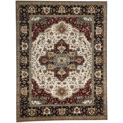 Tapis crème et bleu noué à la main de haute qualité