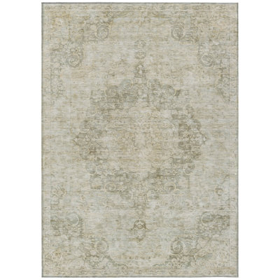 3' X 5' Sage Floral Medallion Washable Indoor Outdoor Area Rug
