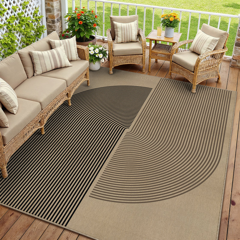 Machine Washable Geometric Striped Area Rug in Black/Brown, Rectangle 8' x 10'