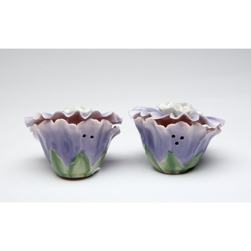 Handcrafted Purple Ceramic Dahlia Flower Salt and Pepper Shakers