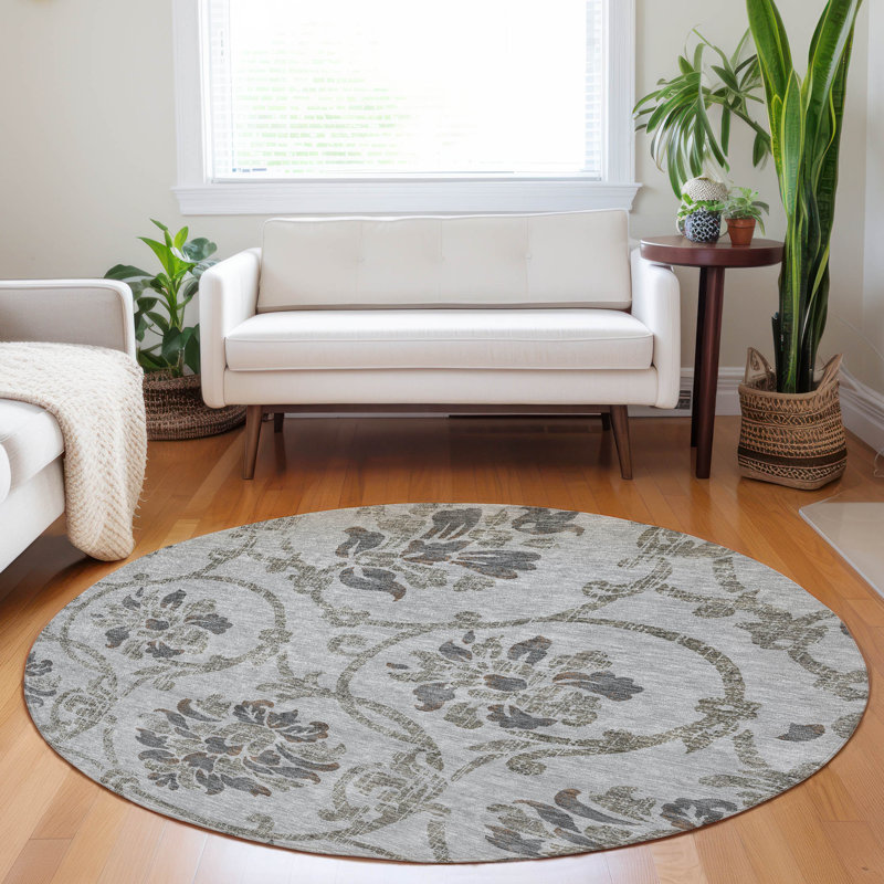 Tapis gris Prisco lavable à la machine de qualité supérieure, Rond 8 pi