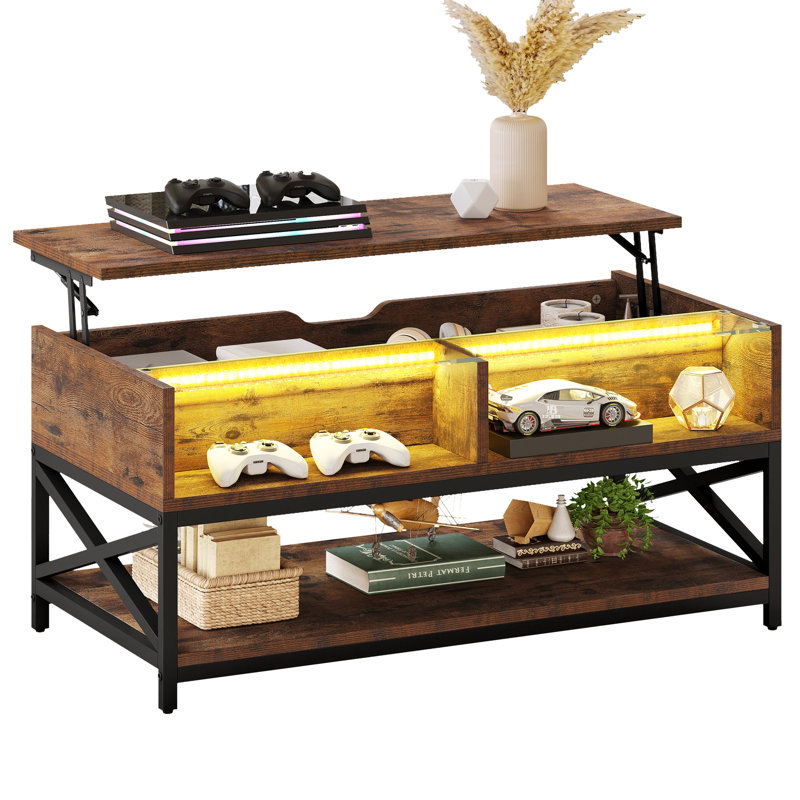 Abey Lift Top Tempered Glass Coffee Table with 2 Open Cabinets and Shelf, Brown/Black