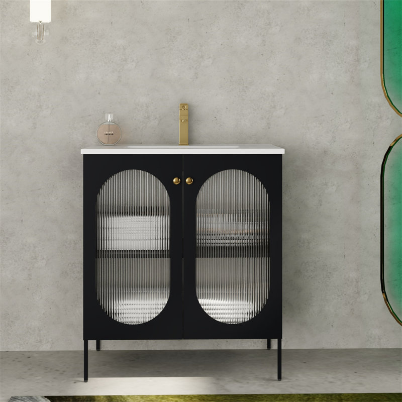 Ensemble de meuble-lavabo simple 30 po avec plateau en céramique Jermu, Noir