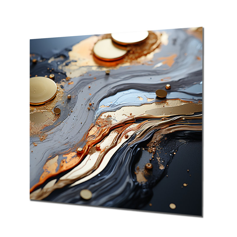 Or et gris, formes liquides modernes II - décoration murale abstraite en métal, H 29 po x l 29 po