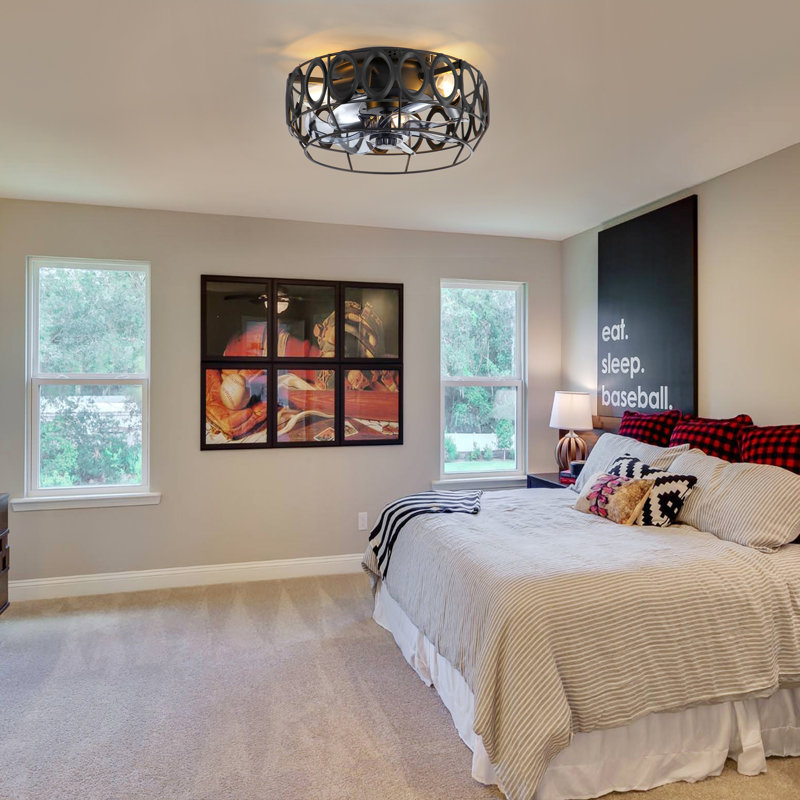 12" Indoor Caged Flush Mount Ceiling Fans With Lights And Remote, Low Profile Ceiling Fan, Small Farmhouse Bladeless Ceiling Fan For Bedroom, Kitchen