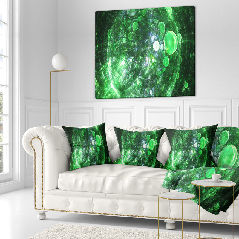 Bulles sphériques sphériques - coussin imprimé abstrait, 18 po x 18 po, Noir / Vert, Coussin décoratif