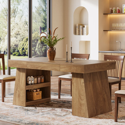 55" Farmhouse Dining Table With Storage Drawer And Shelves, Rectangle Kitchen Table For 4-6 People