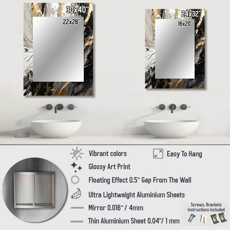 Golden Wave Reflections VI - miroir décoratif abstrait, miroir mural noir, impression d'art en métal, 40 po x 30 po