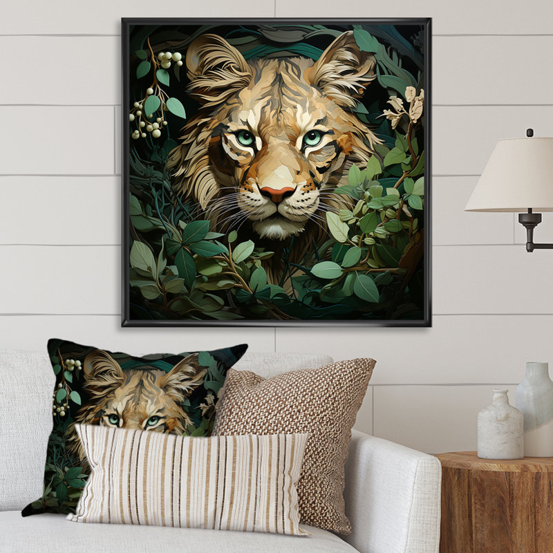 Portrait de lion dans un feuillage vert - lion, décoration murale animal, Cadre flottant noir, H 30 po x l 30 po x P 1,5 po
