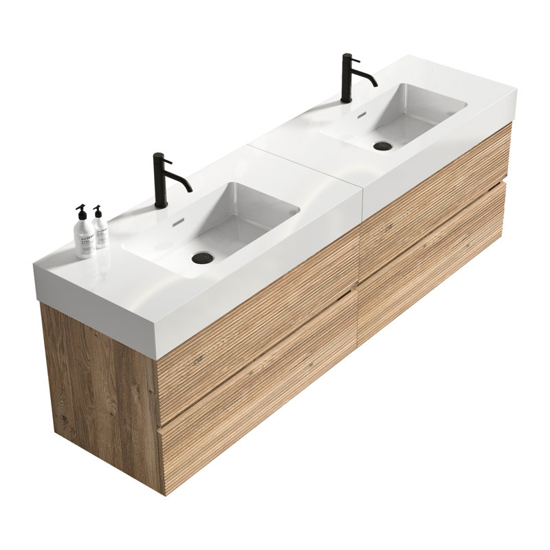 Meuble-lavabo mural flottant de taille 72 po, double tiroir, grain de bois, finition laquée E0, grand lavabo une pièce, couleur chêne, épissure noyer, quincaillerie