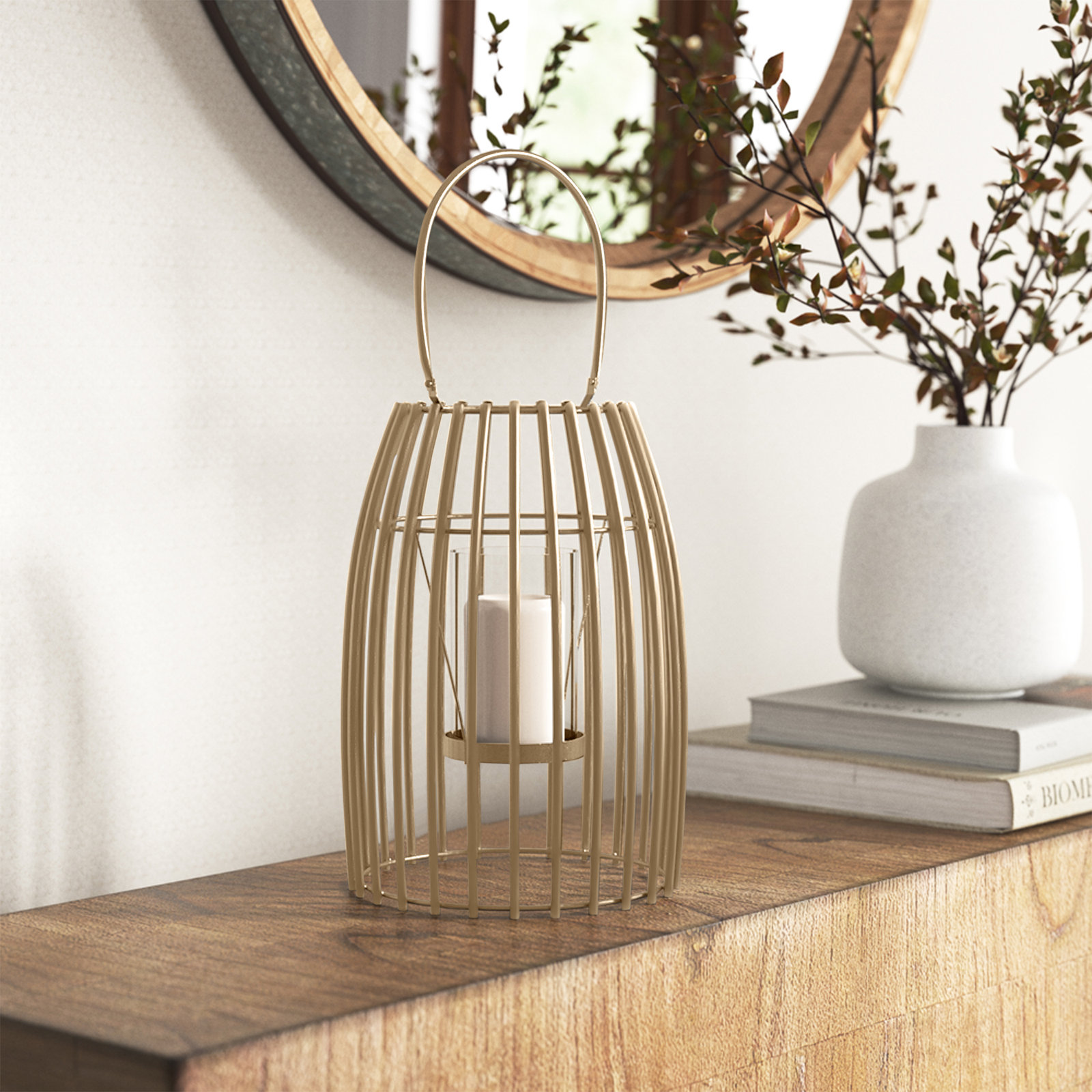 Enya Metal Lantern Candle Holder, Gold, 16" H x 9" W x 9" D