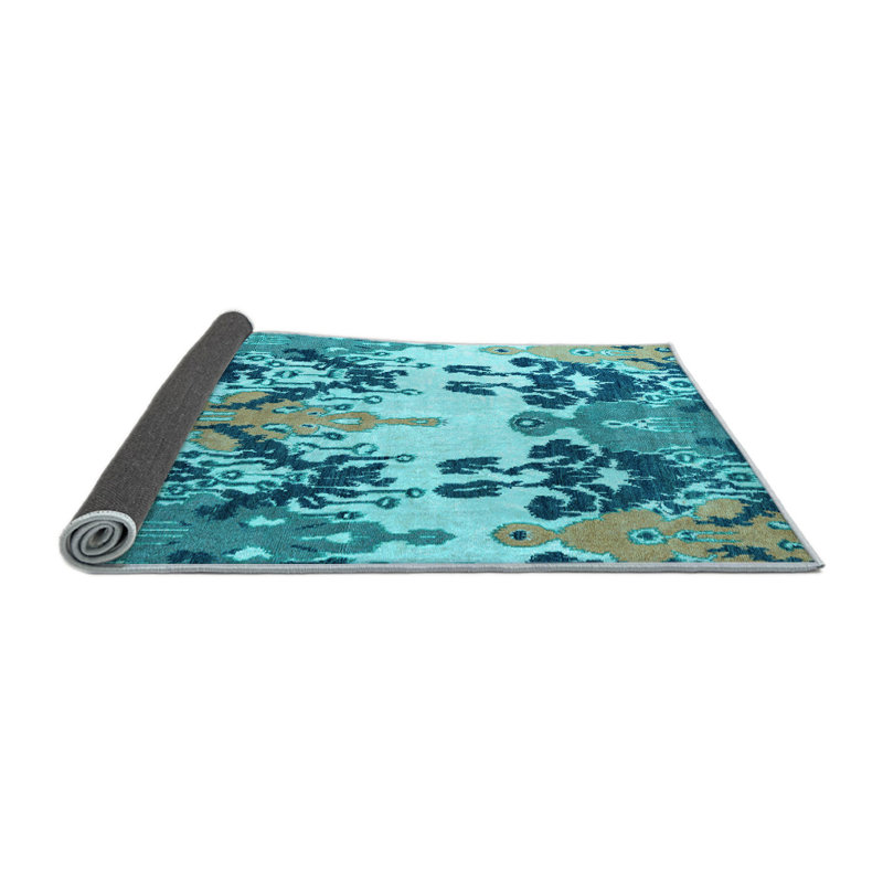 Tapis bleu / bleu sarcelle abstrait en polyester tissé à la machine, Rond 3 pi