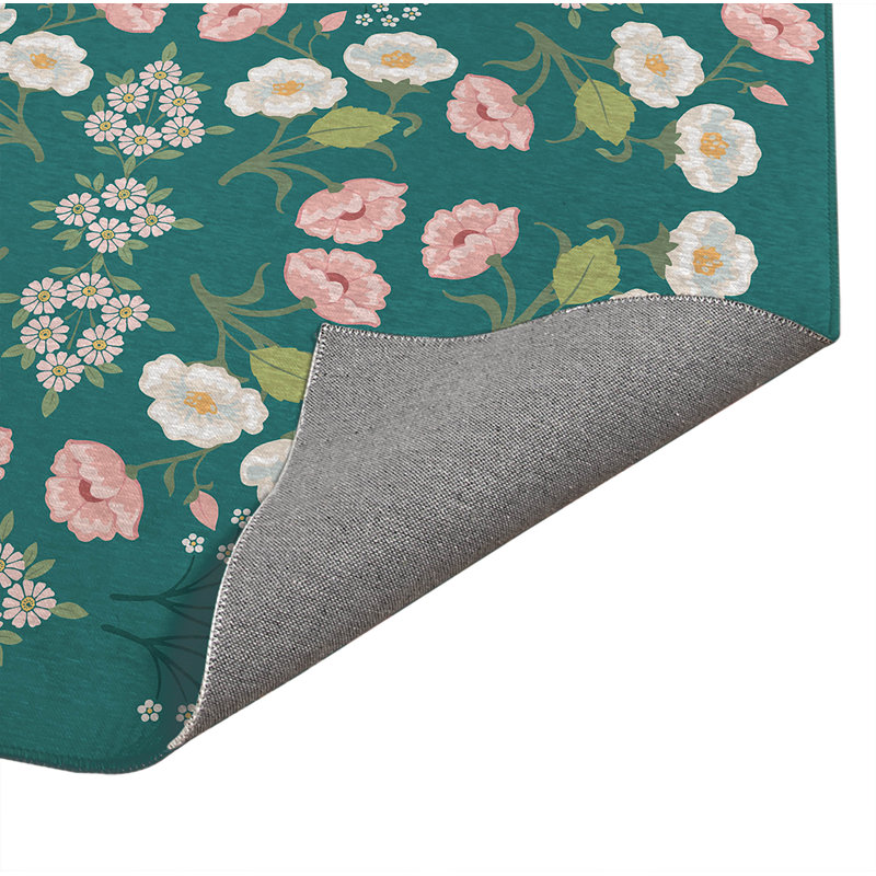 Tapis de cuisine antidérapant May Flowers, Sarcelle, Rectangle 5 pi x 7 pi