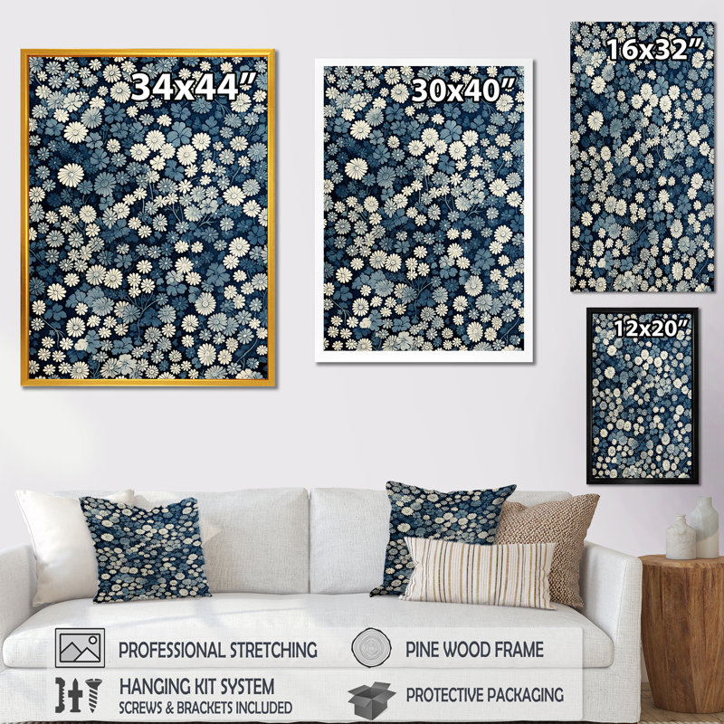 «Blue and White Moonlit Geometric River - Coastal Minimalisme», art mural, Cadre flottant blanc, H 60 po x l 28 po x P 1,5 po