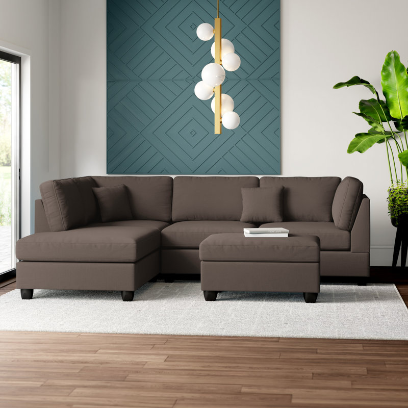 Eldredge Upholstered L-Shaped Sectional Reversible, Chocolate Brown Polyester Blend