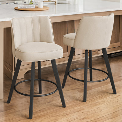 26" Swivel Bar Stools, Counter Height Barstools With Back, Swivel Kitchen Stools With Wood Legs, Upholstered Morden Linen Upholstered Barstools, Linen Color