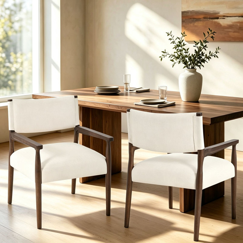 Ensemble de 2 chaises de salle à manger rembourrées avec accoudoirs, chaises d'appoint de style milieu du siècle avec structure en bois d'hévéa finition noyer, tissu respirant, assise rembourrée moelleuse pour salle à manger ou bureau
