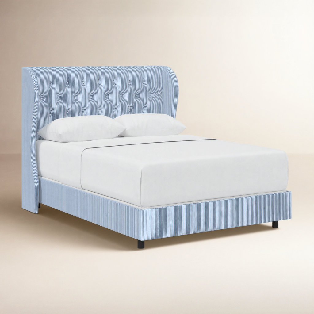 Tomey Cotton Upholstered Wingback Bed, King, Prep Stripe Blue
