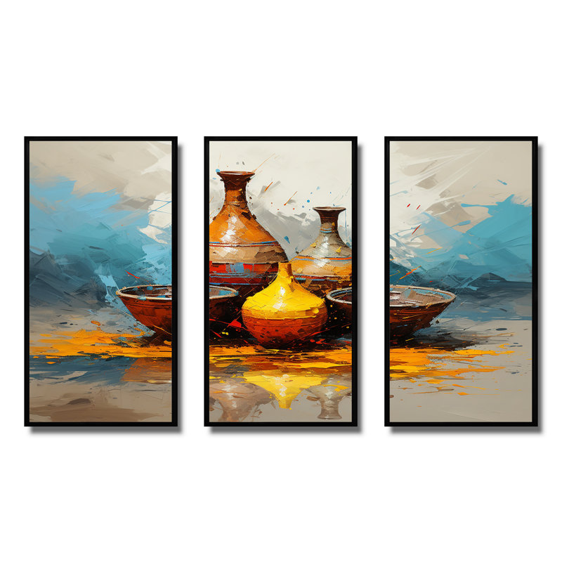Jaune Boho Pottery Design - Boho Pottery, art mural, Cadre flottant noir, H 28 po x l 36 po x P 1 po