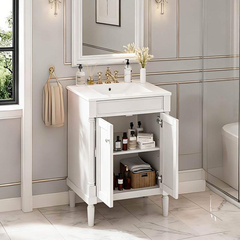 Meuble-lavabo 24 po avec lavabo simple en céramique, Blanc / argenté