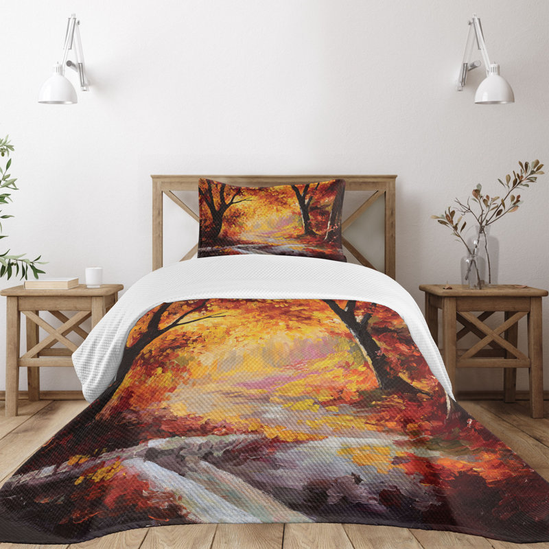 Autumn Forest Twin Quilted Bedspread Set with Pillow Sham