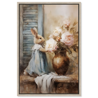 Floral Bunny Framed Canvas Print Easter Wall Decor by Art Remedy, Natural Oak Frame, 36 x 54
