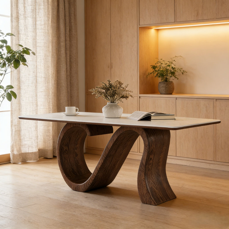 62.9" Creative S-shaped Walnut Base Round Dining Table With Marble Effect Surface-- Arrtle Furniture