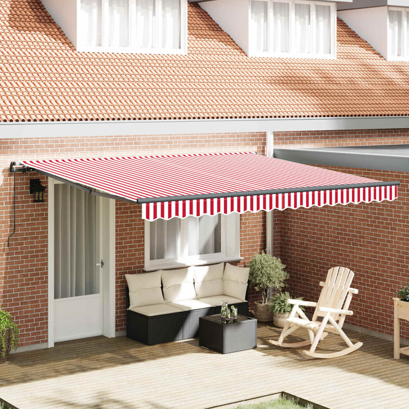 VidaXL Polyester Cover Retractable Patio Awning, 165cm H x 400cm W x 350cm D, Striped, Red/White/Black