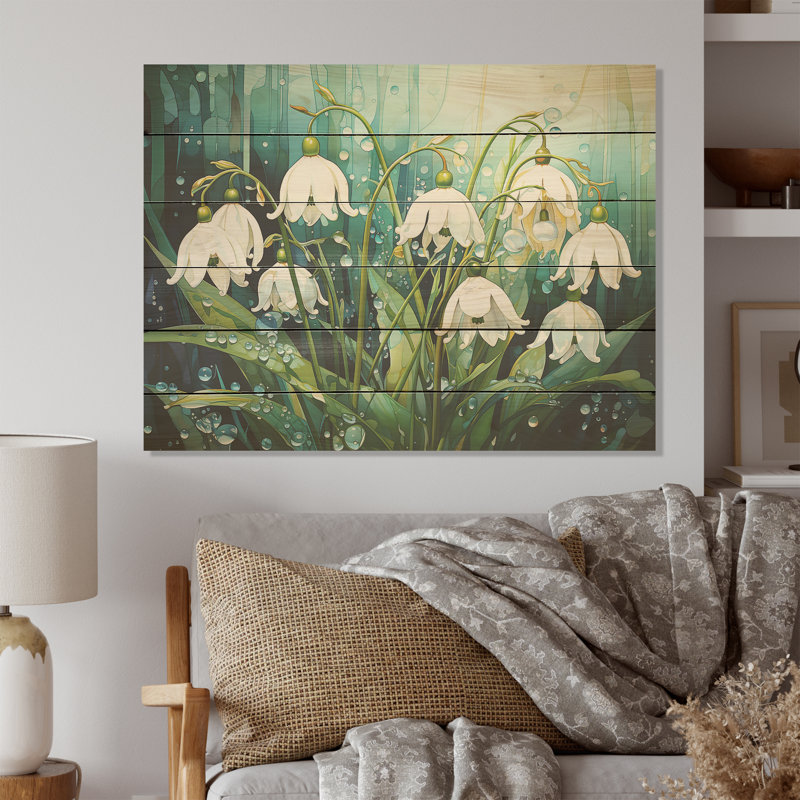 Méticuleusement fleurs de neige dans la forêt - Snowdrops, art sur bois de pin naturel, H 30 po x l 40 po