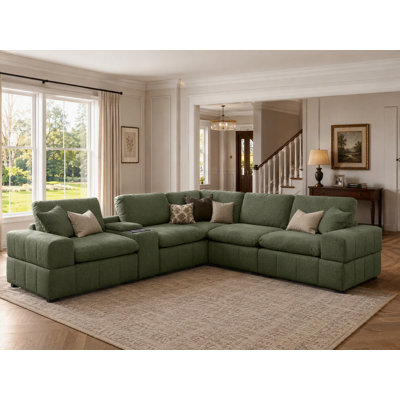 124.1"W Sectional with USB Charging, Storage & Cup Holders, 6 Piece Modular Sofa with Console