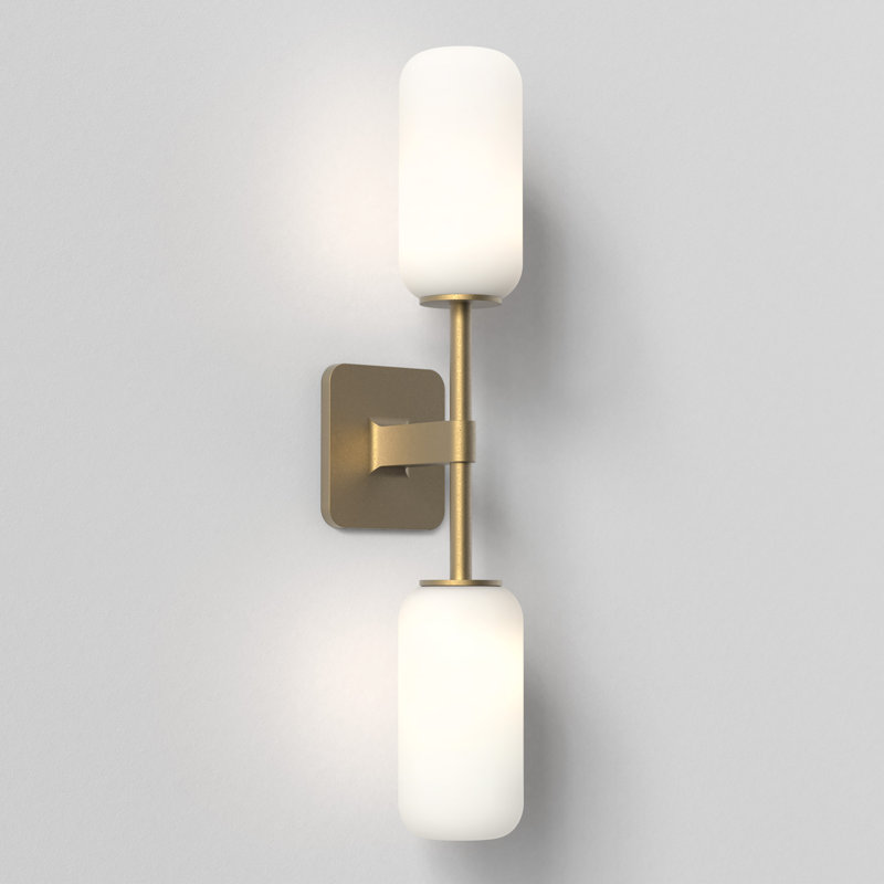 Tacoma Twin, Polished Chrome with Tacoma Tulip Glass, White (Opal), Antique Brass, 20" H x 3.54" W x 6.7" D, Cylinder