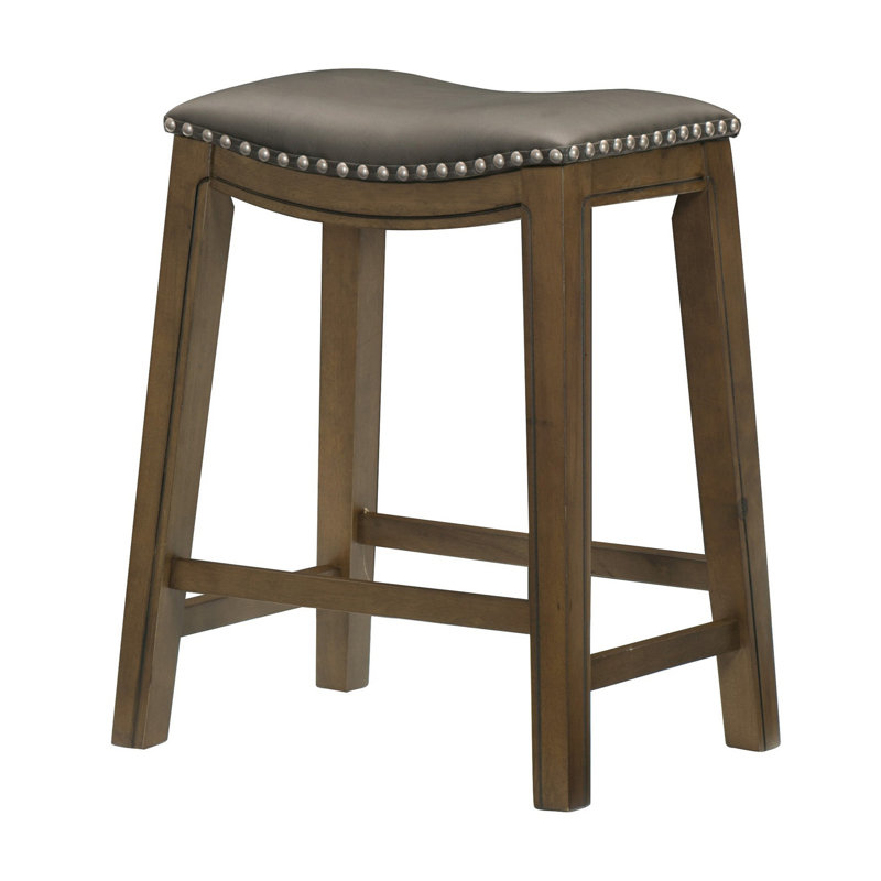 Tabouret à hauteur de comptoir 26 po, siège en similicuir gris, bois massif brun