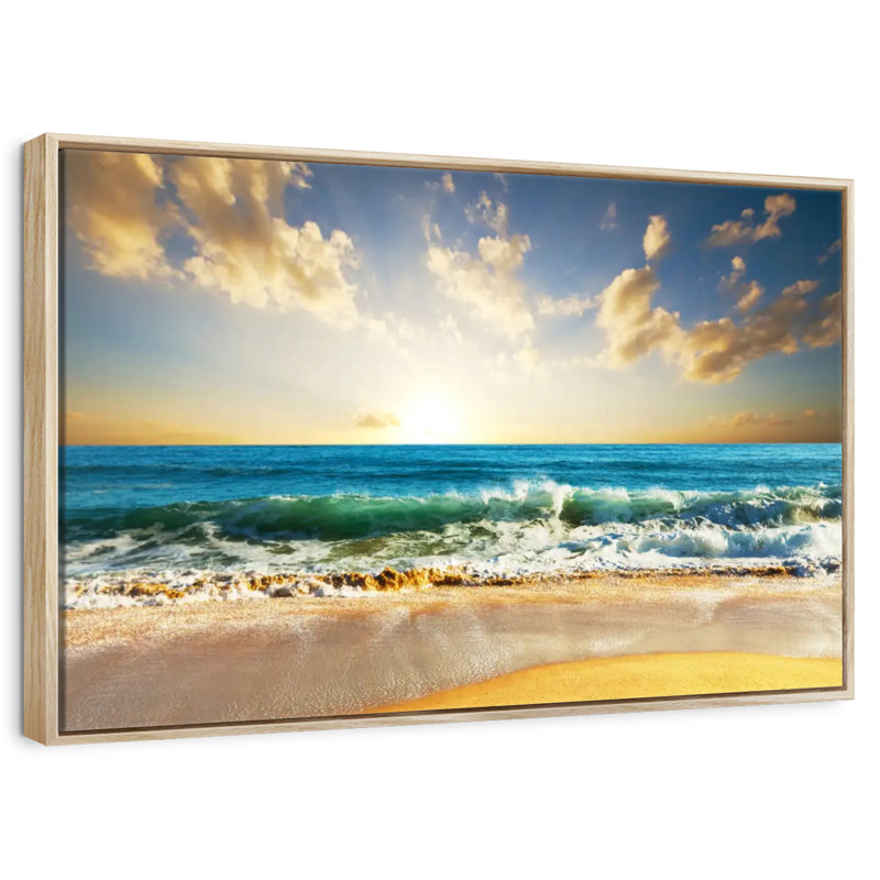 Coucher de soleil sur l'océan, Cadre flottant en bois naturel, 31 po x 21 po