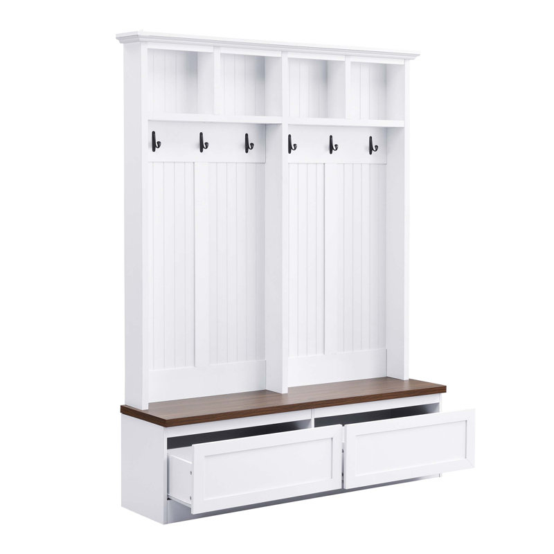 Farmhouse-Style 4-in-1 Hall Tree with Wood Grain Bench, Dual Large Drawers, Multiple Hooks, and Open Compartments for Entryway Organization and Daily Convenience.