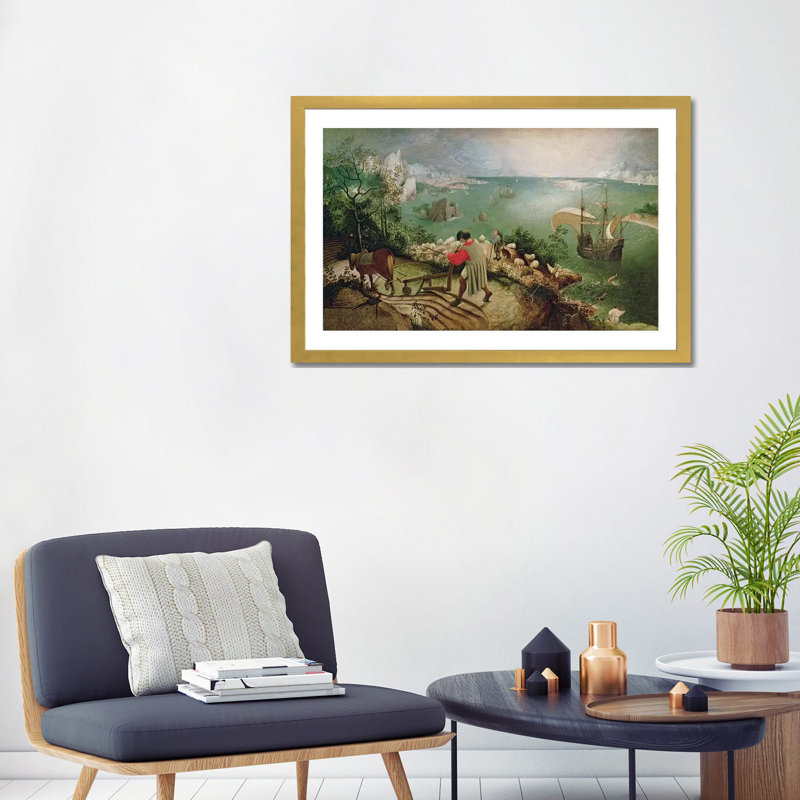 "Paysage avec la chute d'Icarus, C.1555" par Peter Bruegel l'Ancien, reproduction d'art sur toile, Blanc, Papier encadré doré