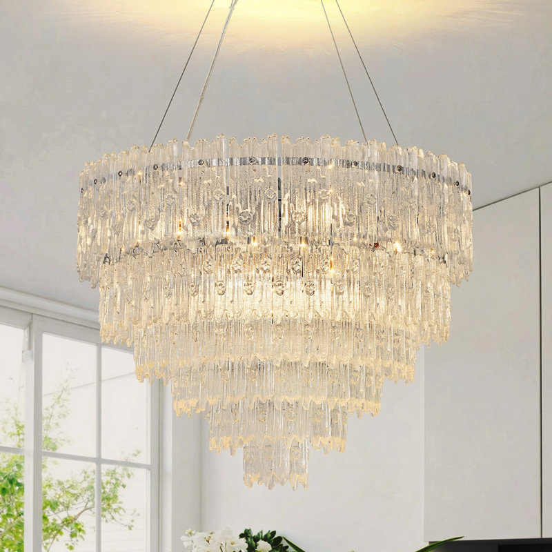 Crystal & Glass Pendant, Height-Adjustable, Sloped-Ceiling Ready, 43cm H × 58cm W × 58cm D, 5 Tiers, 8 Lights