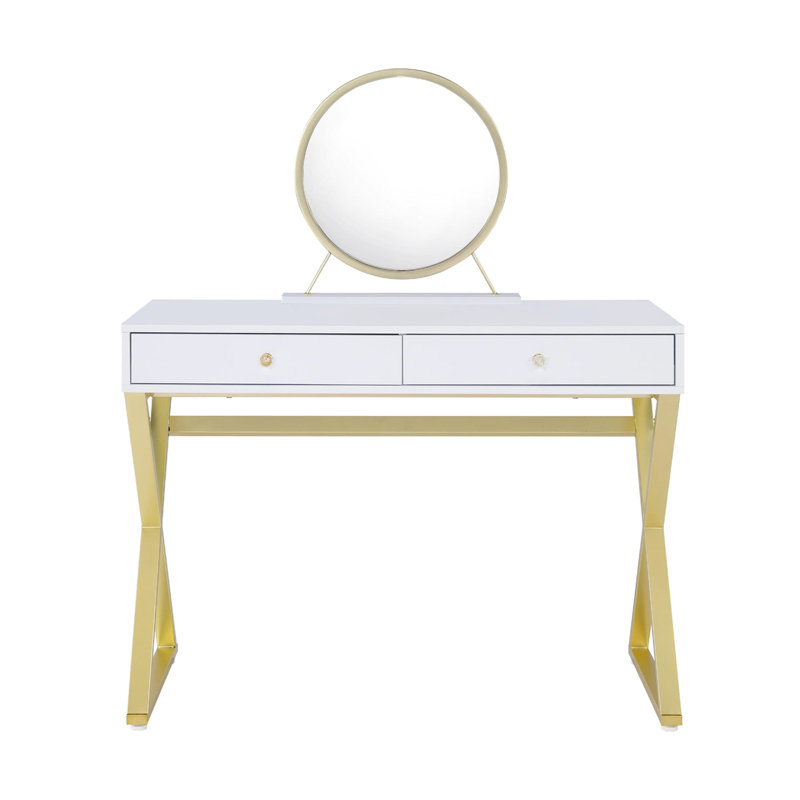 Meuble-lavabo rectangulaire blanc et doré avec plateau à bijoux en miroir, structure en métal, 2 tiroirs pour le rangement de la chambre à coucher, matériau principal amovible