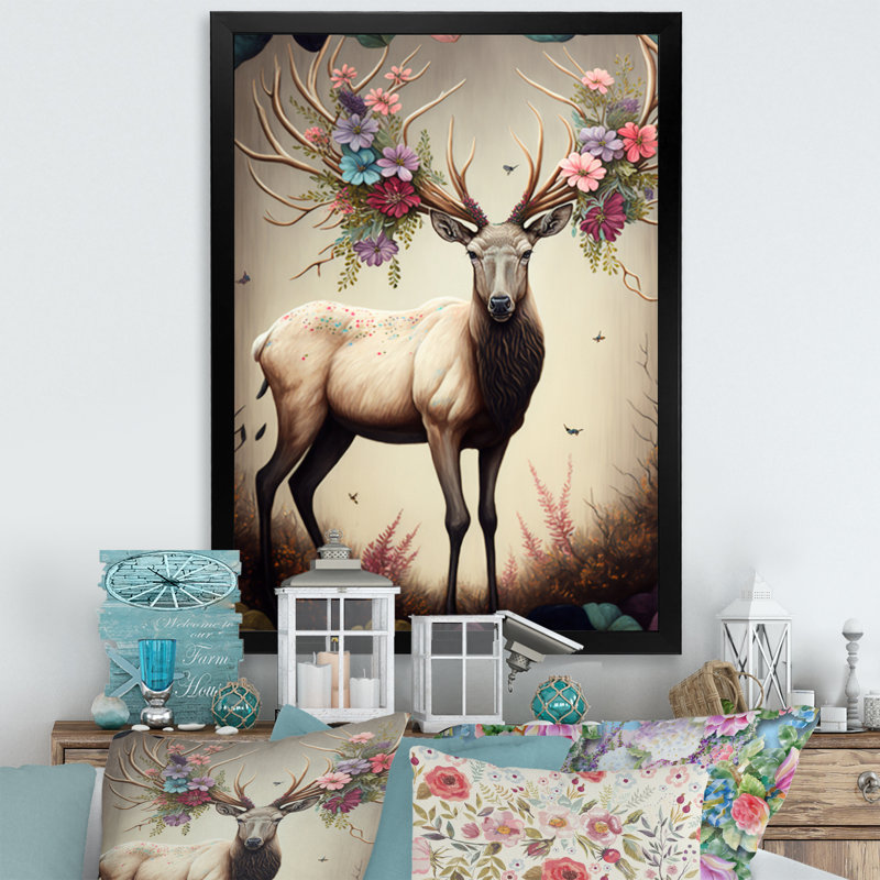 Caribou avec des bois en floraison - reproduction sur toile, H 32 po x l 16 po x P 1 po, Toile encadrée noire à coins fermés